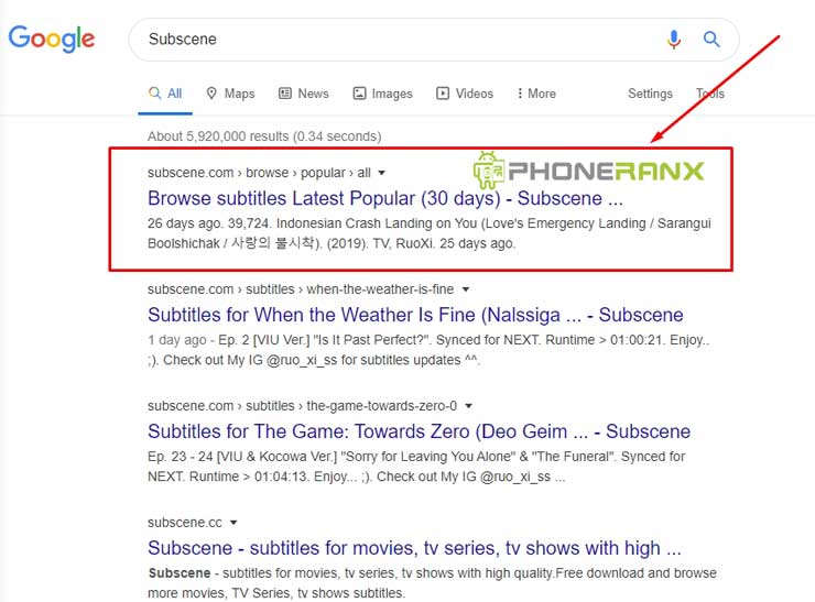 Kemudian klik bagian teratas di pencarian yaitu Subscene.com