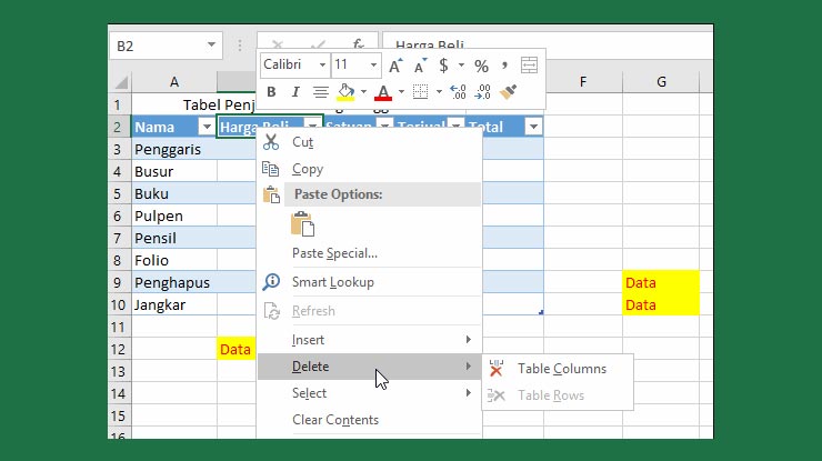 Cara Menghapus Baris dan Kolom Tabel di Microsoft Excel
